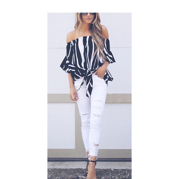 Striped-Off-the-Shoulder/Front Tie-Knot Top - Picture 3 of 6